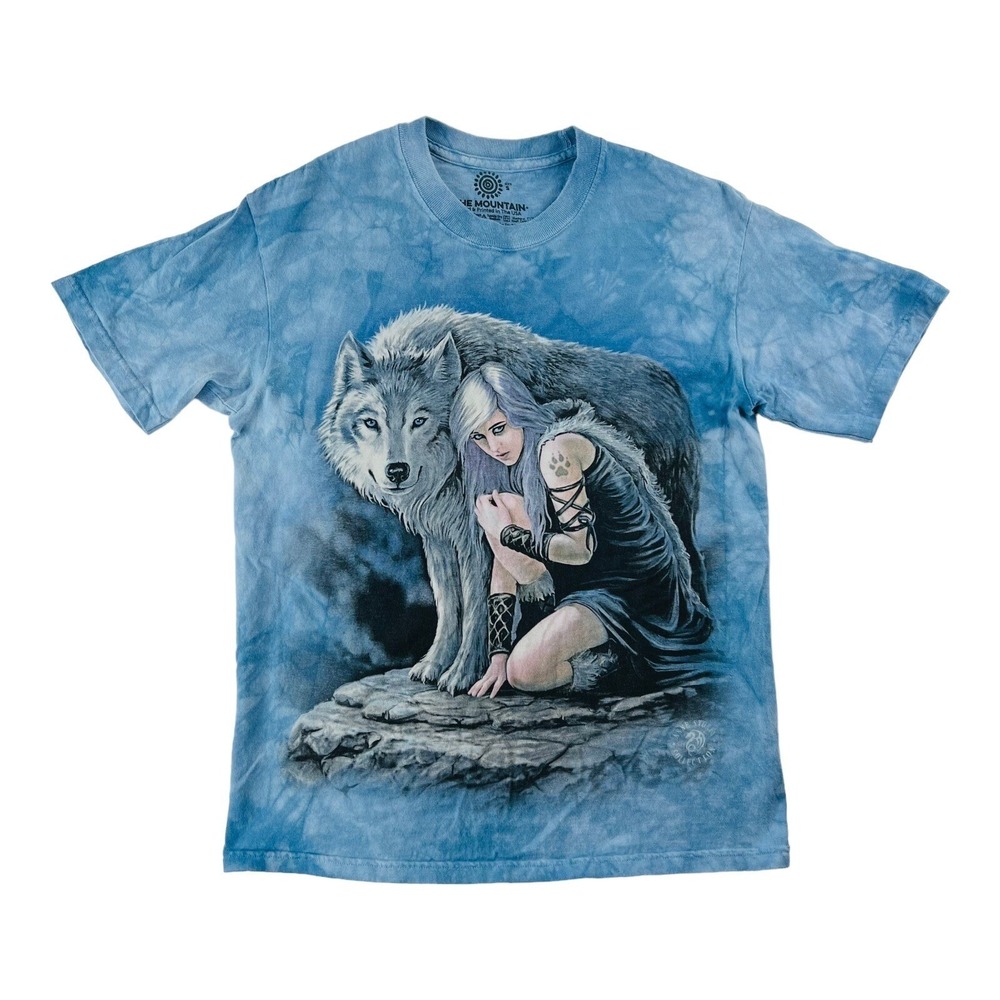 The Mountain Blue Tie Dye Wolf & Girl Graphic Short Sleeve T-Shirt Mens Size S